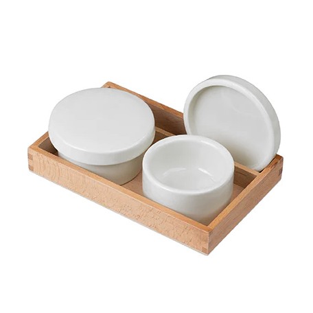 Porcelanowe pojemniki + podstawka z drewna Meeden