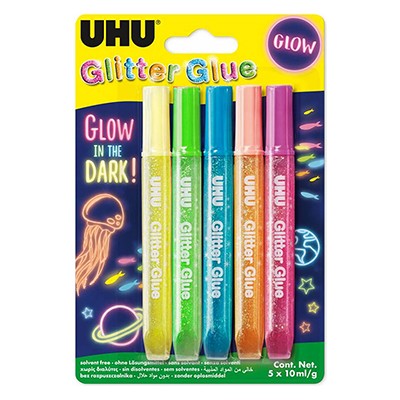 Klej z brokatem 'Glow', UHU, zestaw 5 kol. x 10 ml