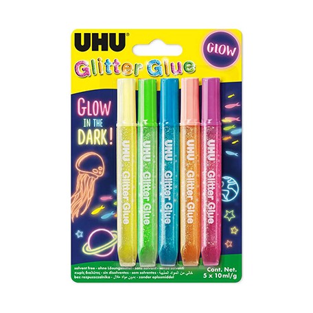 Klej z brokatem 'Glow', UHU, zestaw 5 kol. x 10 ml